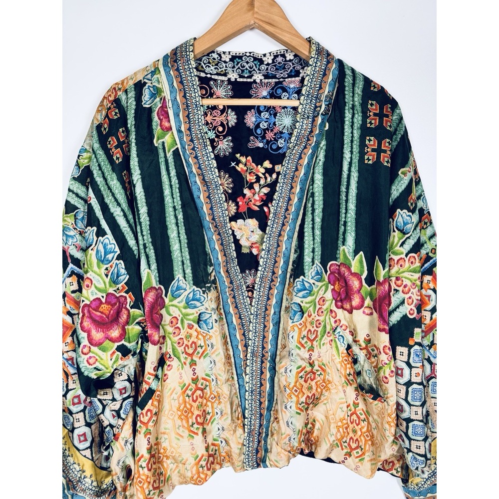 Johnny Was Reversible Silk Kimono Jacket XL Black Colorful Embroidered Floral - Picture 4 of 16